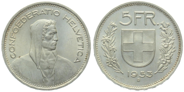 5 Franken 1953 B - fast unzirkuliert